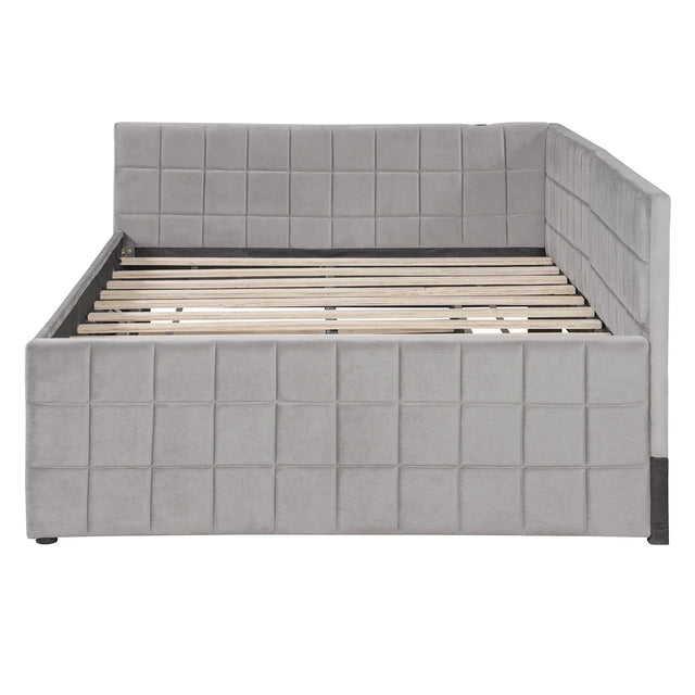 Full Upholstered L-Shaped Daybed With Twin Trundle USB Ports - Omega Lifestyles