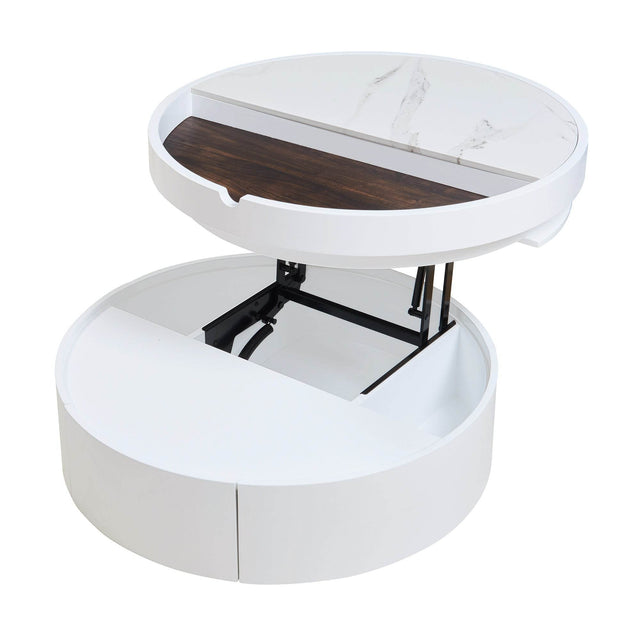 Modern White Walnut Round Lift-Top Coffee Table With Drawer - Omega Lifestyles