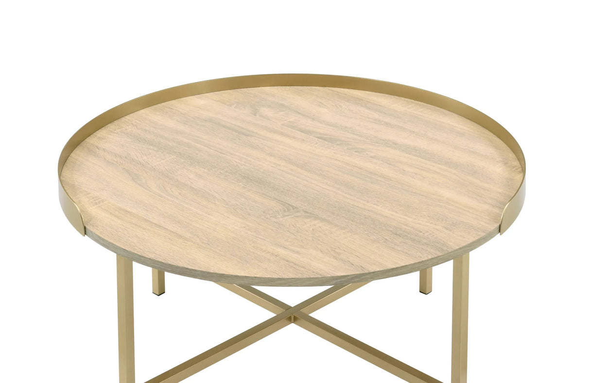 Contemporary Oak And Gold Round Tray Coffee Table - Omega Lifestyles