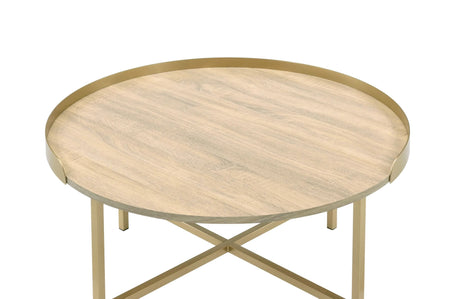 Contemporary Oak And Gold Round Tray Coffee Table - Omega Lifestyles