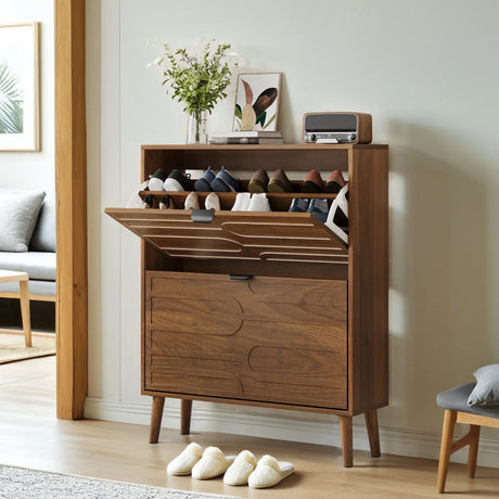 Farmhouse Walnut MDF Shoe Cabinet With Flip Drawers - Omega Lifestyles