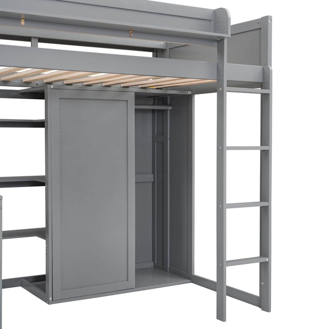 Wood Loft Bed With Storage Shelves And Wardrobe - Omega Lifestyles