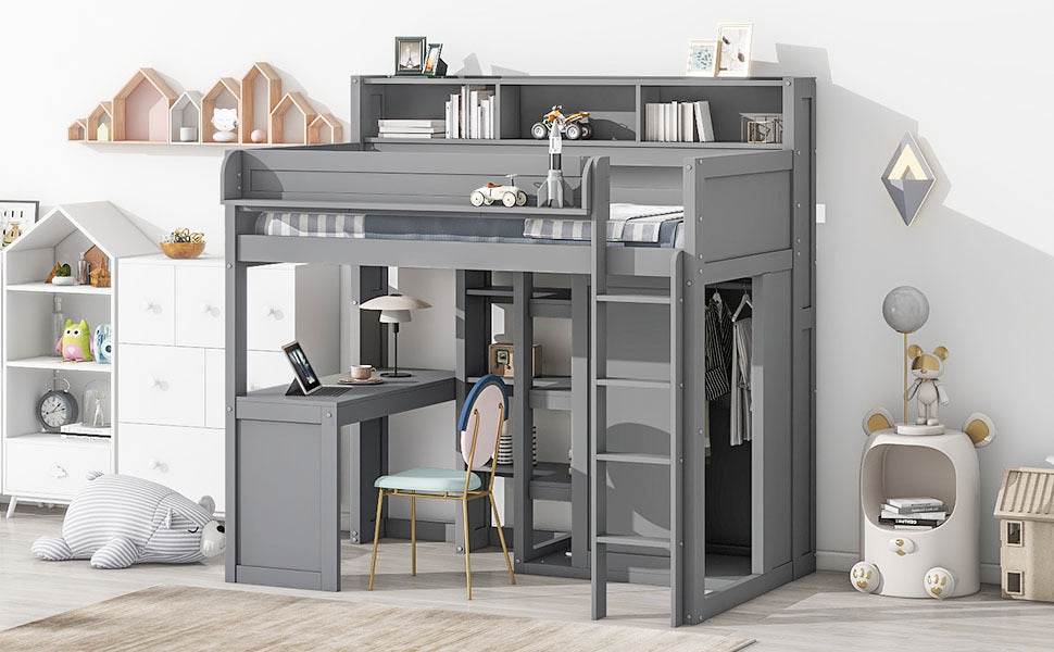 Wood Loft Bed With Storage Shelves And Wardrobe - Sleep Galleria