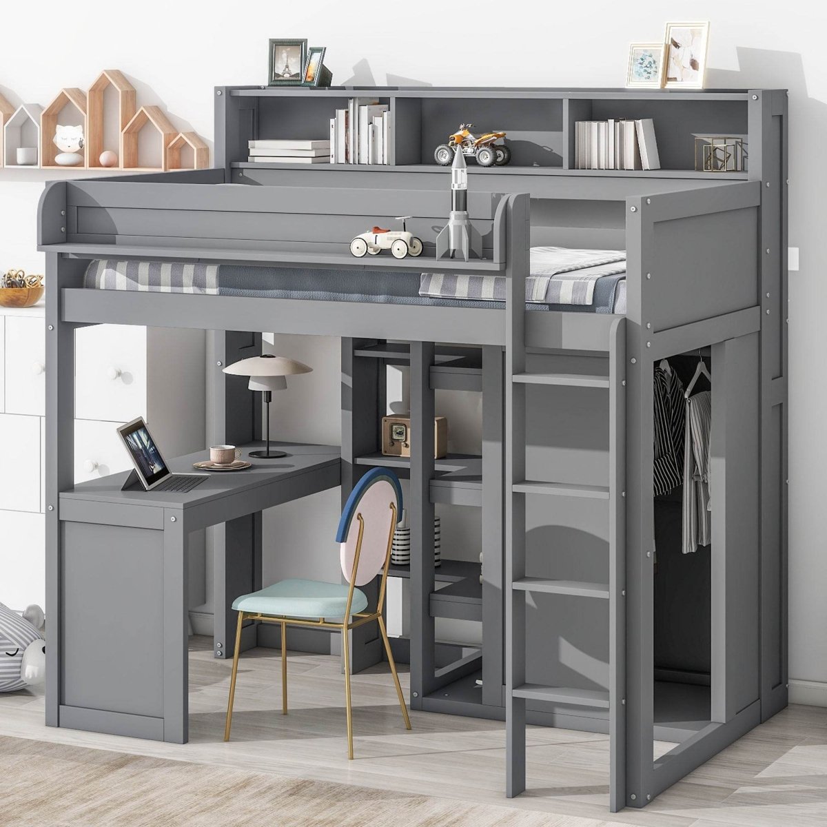 Wood Loft Bed With Storage Shelves And Wardrobe - Sleep Galleria