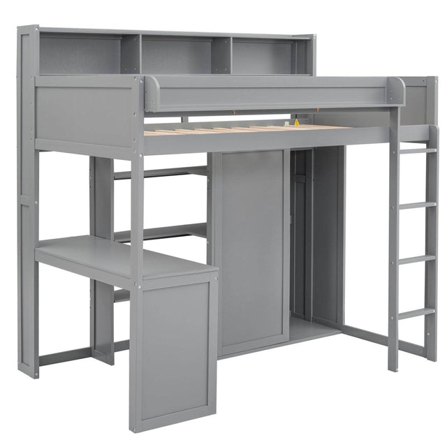 Wood Loft Bed With Storage Shelves And Wardrobe - Omega Lifestyles
