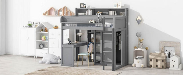 Wood Loft Bed With Storage Shelves And Wardrobe - Omega Lifestyles