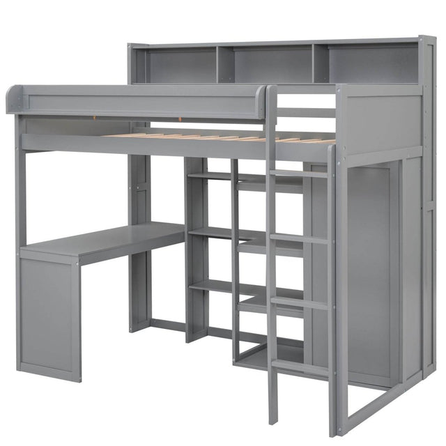 Wood Loft Bed With Storage Shelves And Wardrobe - Omega Lifestyles