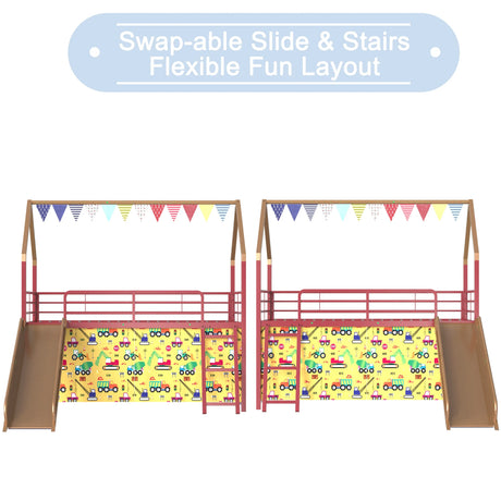 Twin Metal Junior House Loft Bed With Slide And Curtain - Omega Lifestyles