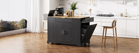 Fluted Rubber Wood Kitchen Island With Trash Can Cabinet - Omega Lifestyles