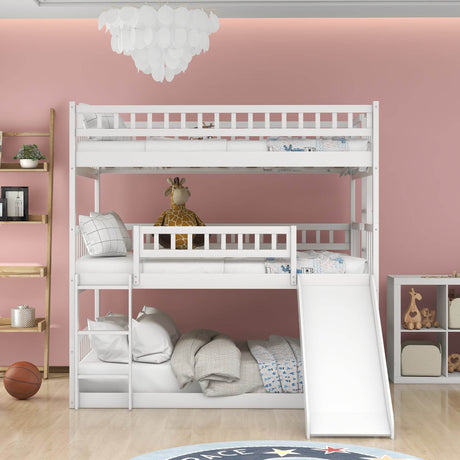 Full Triple Solid Wood Bunk Bed With Slide And Ladders - Omega Lifestyles