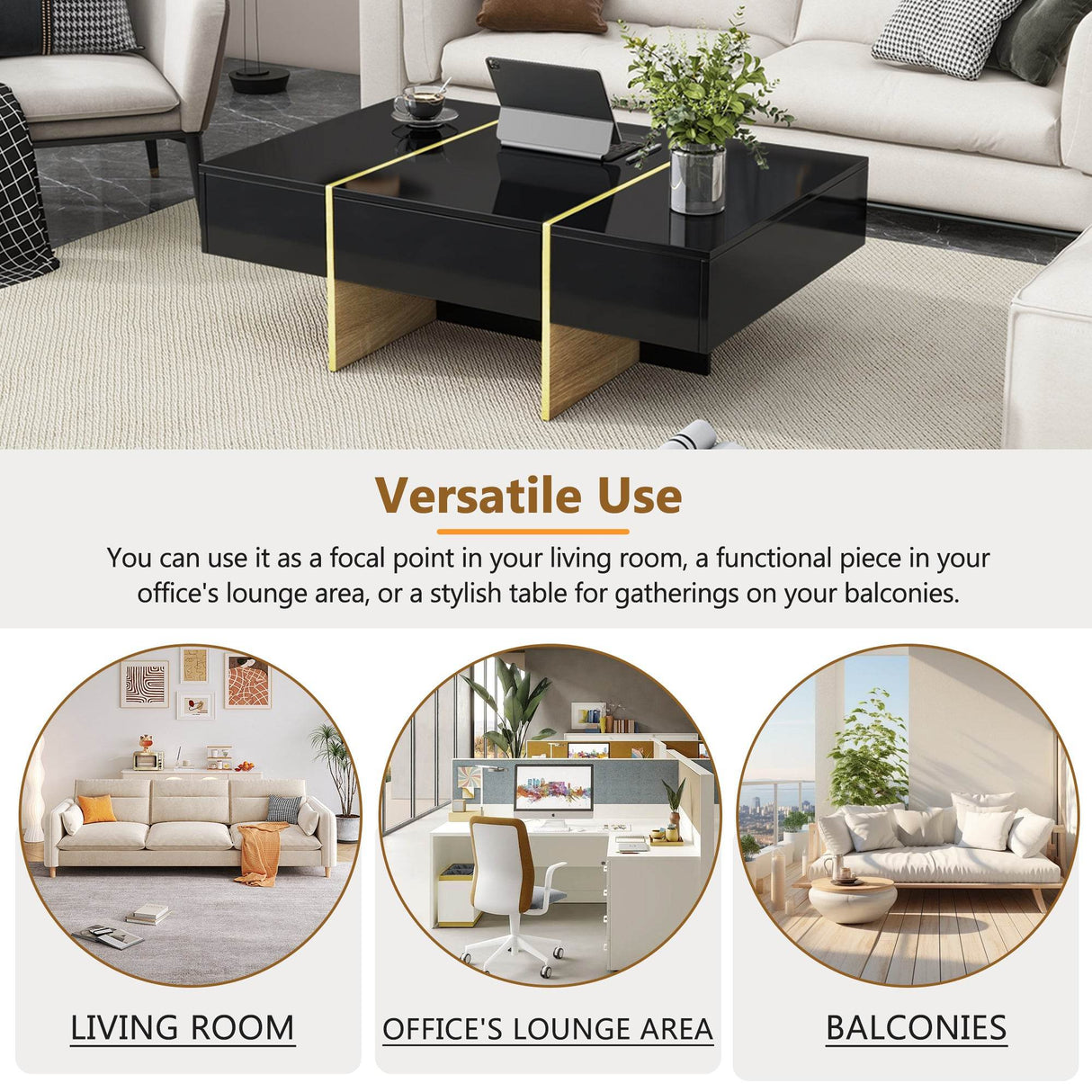 Minimalist High Gloss Black And Gold Coffee Table - Sleep Galleria