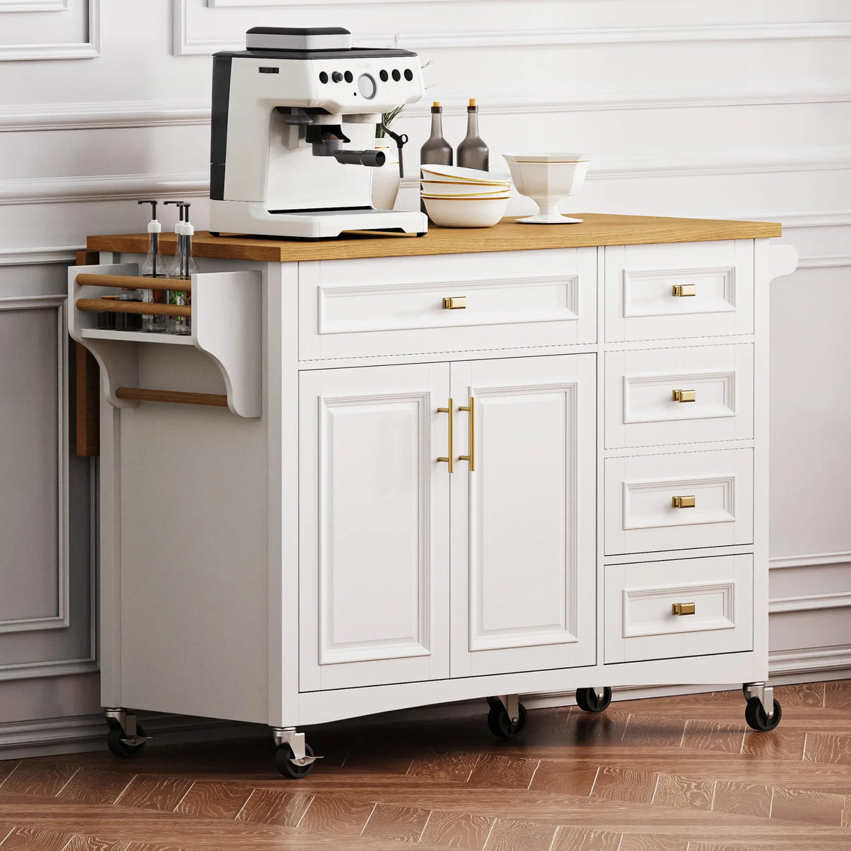 Classic Vintage Embossed White Kitchen Island On Wheels - Omega Lifestyles