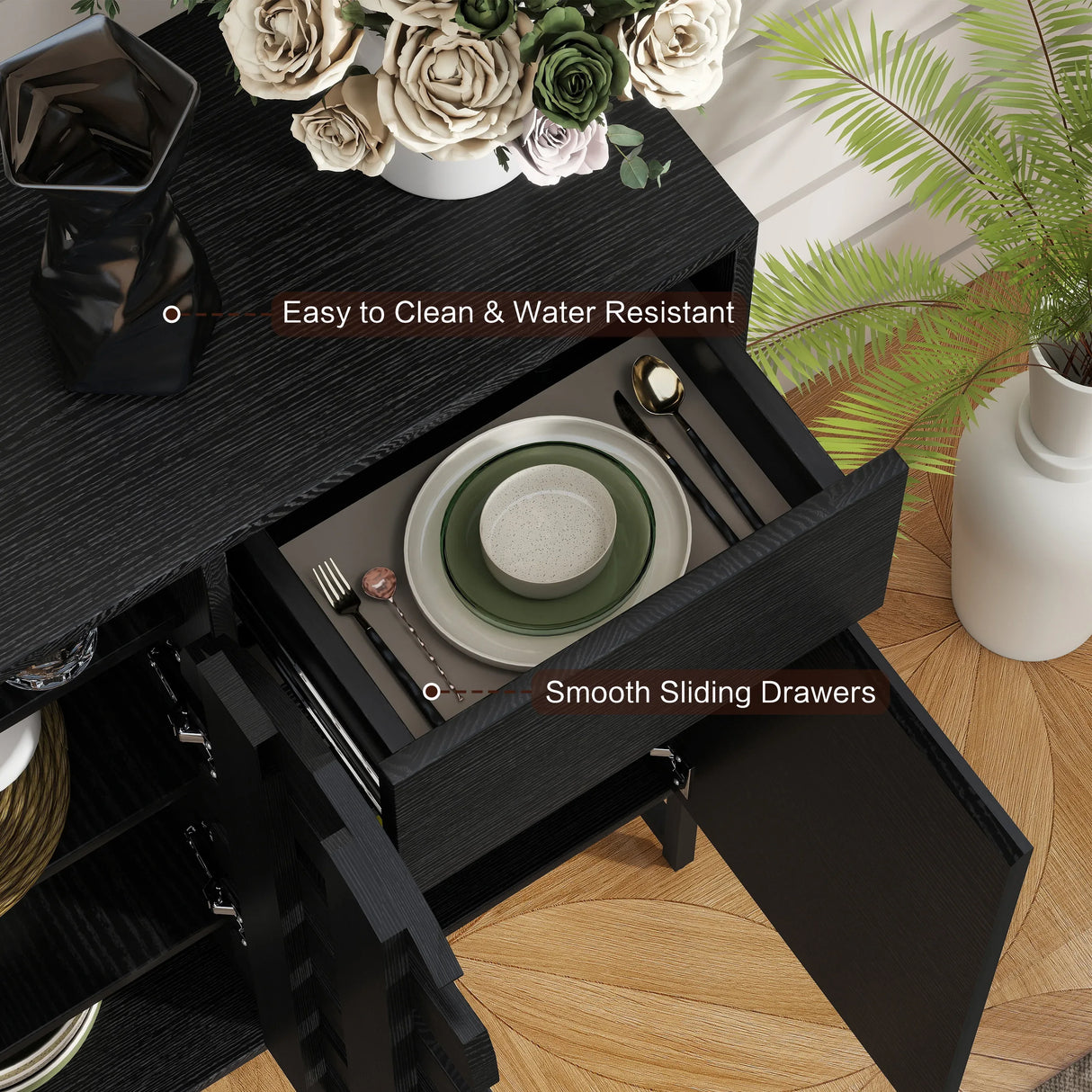 Black Woven Door Buffet Cabinet With Adjustable Storage - Omega Lifestyles