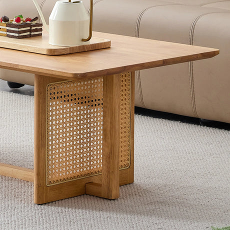 Solid Wood Rectangular Coffee Table With Rattan Weaving - Omega Lifestyles