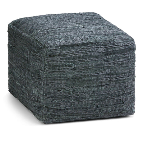 Handcrafted Grey Buffalo Leather Square Pouf Stool - Omega Lifestyles