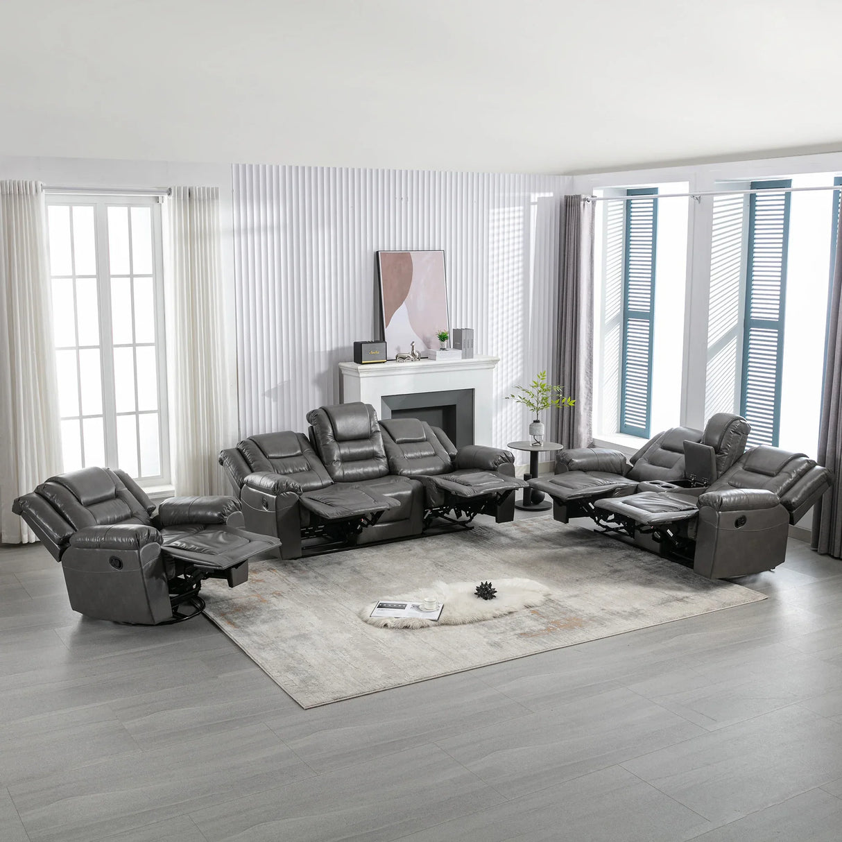 Grey Manual PU Upholstered Home Theater Recliner Chair Set - Omega Lifestyles