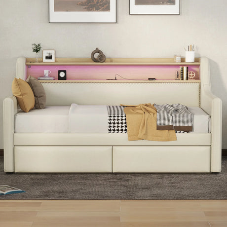 Twin PU Leather Daybed With Storage Drawers Charging Station - Omega Lifestyles