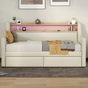 Twin PU Leather Daybed With Storage Drawers Charging Station - Omega Lifestyles