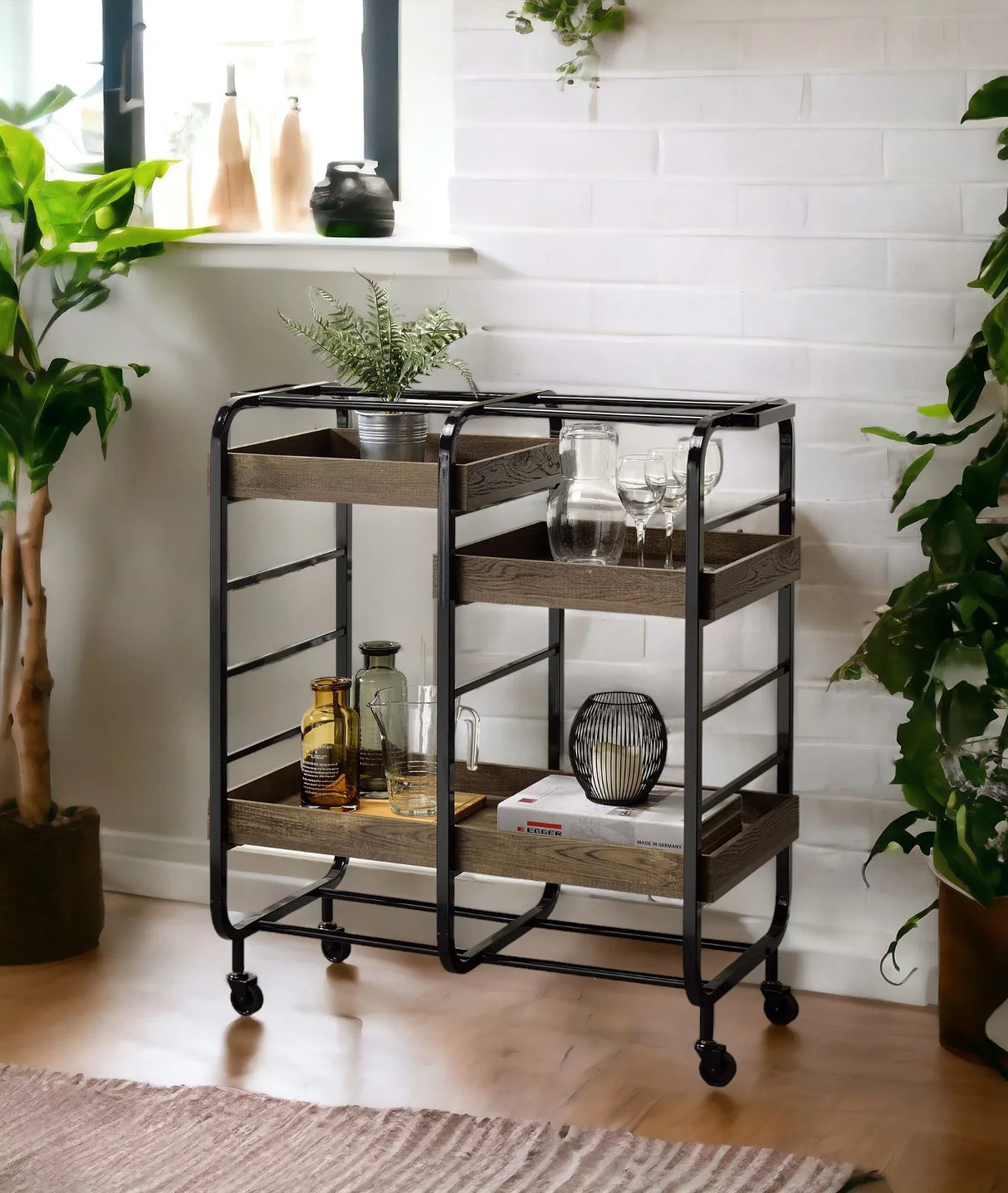 Metal And Wood Rectangular Serving Cart With Adjustable Trays - Omega Lifestyles
