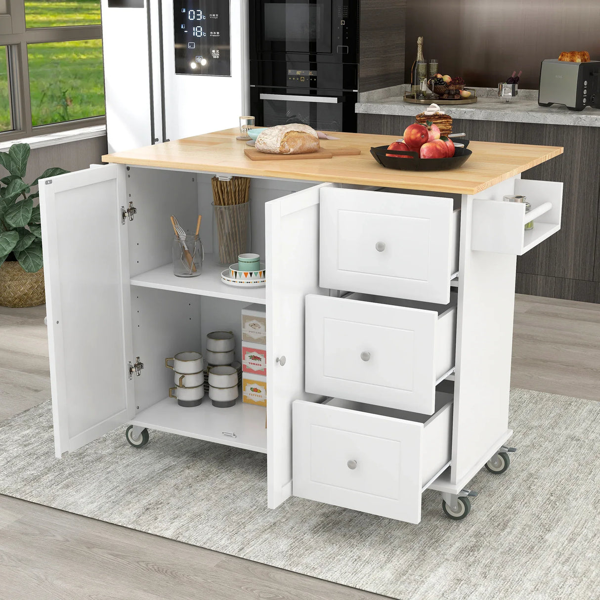 Rolling Mobile Kitchen Island With Solid Wood Top And Storage Cabinet - Omega Lifestyles