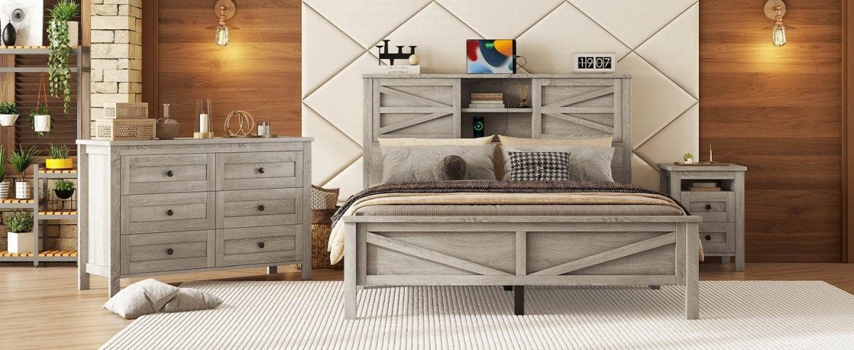 3-Piece Antique Gray Farmhouse Platform Bed Set - Omega Lifestyles