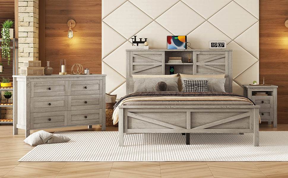 3-Piece Antique Gray Farmhouse Platform Bed Set - Omega Lifestyles