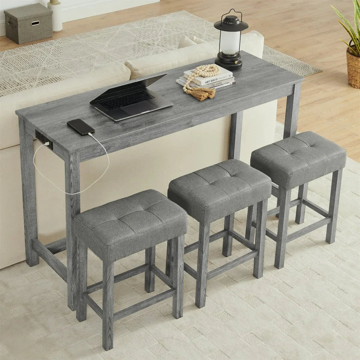 59-Inch Industrial Solid Wood Bar Table And Stools Set - Omega Lifestyles