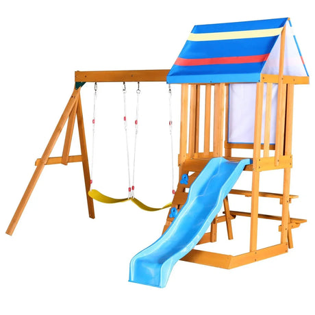 Blue Cedarwood Outdoor Swing Set With Slide And Climber - Omega Lifestyles