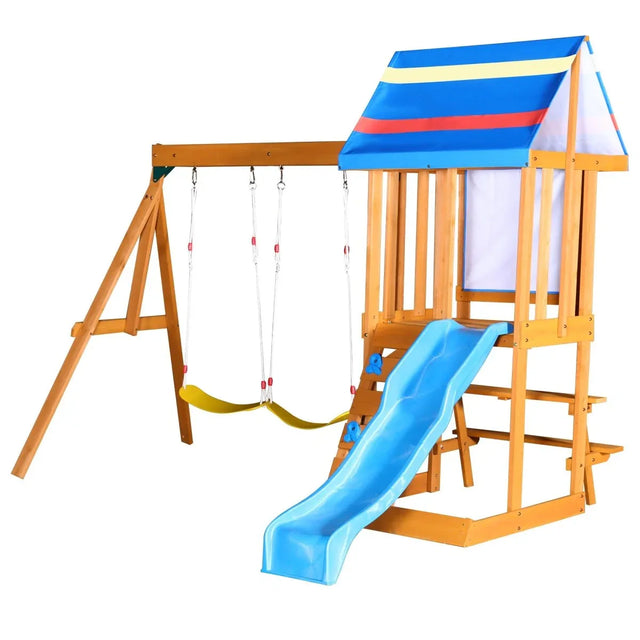 Blue Cedarwood Outdoor Swing Set With Slide And Climber - Omega Lifestyles