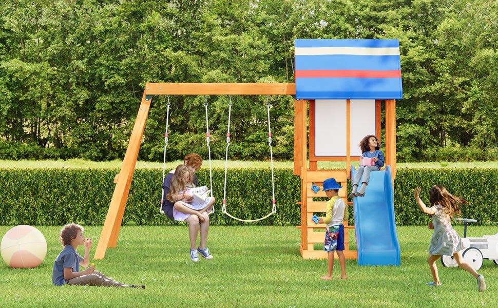 Blue Cedarwood Outdoor Swing Set With Slide And Climber - Omega Lifestyles