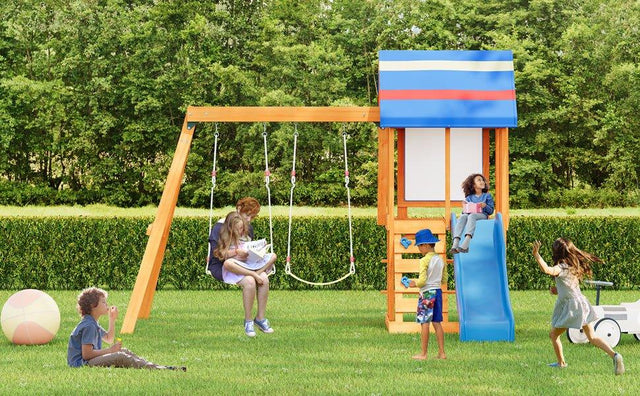 Blue Cedarwood Outdoor Swing Set With Slide And Climber - Omega Lifestyles