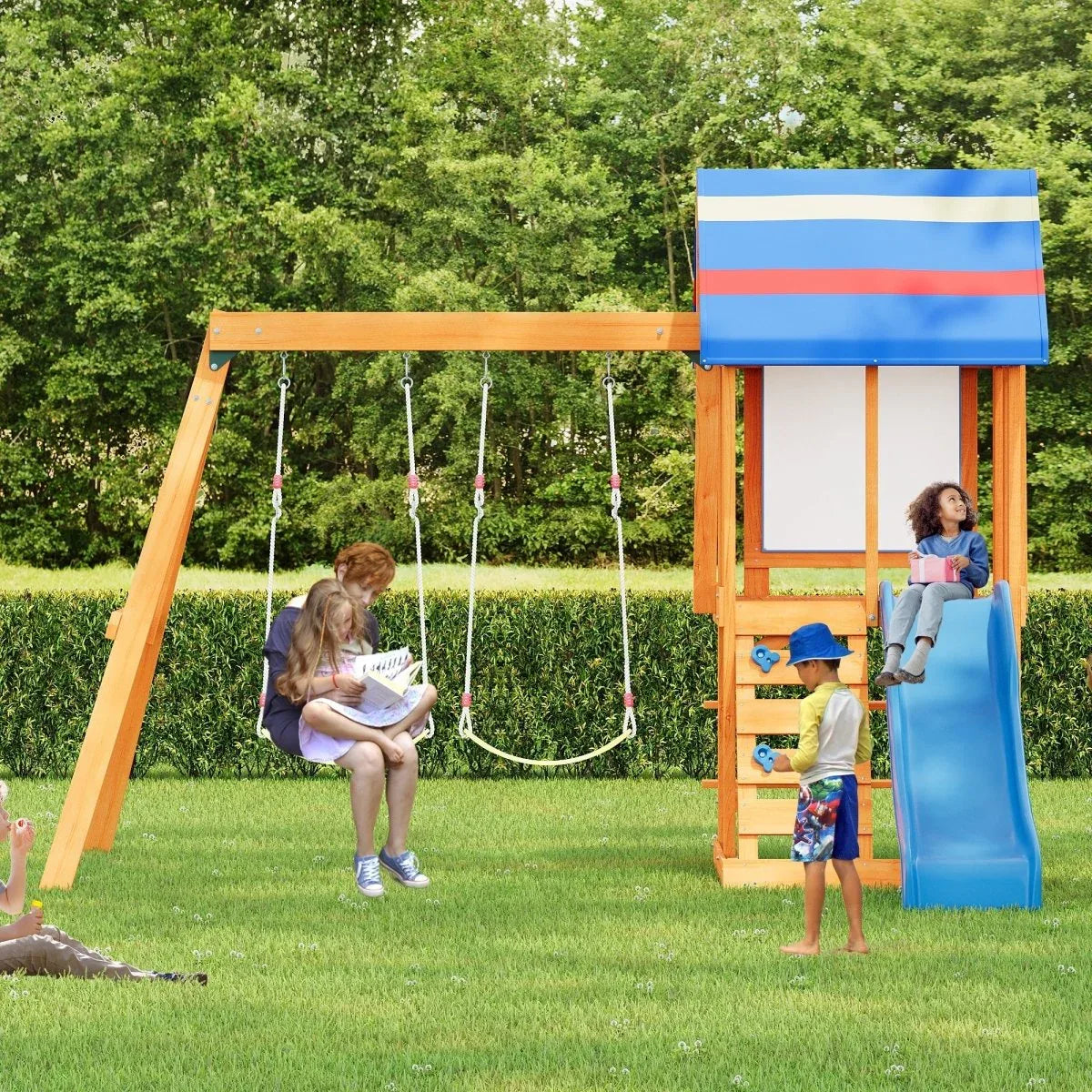 Blue Cedarwood Outdoor Swing Set With Slide And Climber - Omega Lifestyles