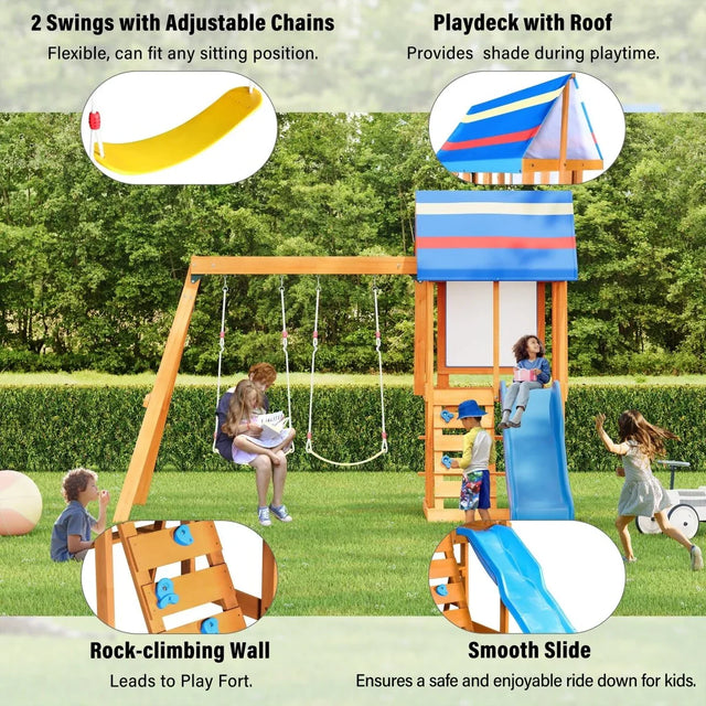 Blue Cedarwood Outdoor Swing Set With Slide And Climber - Omega Lifestyles