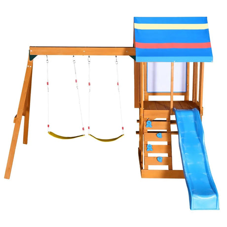 Blue Cedarwood Outdoor Swing Set With Slide And Climber - Omega Lifestyles