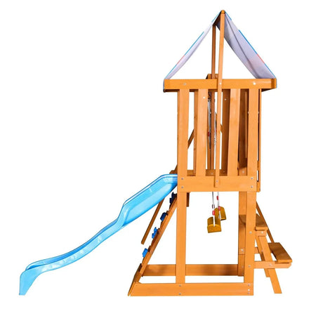 Blue Cedarwood Outdoor Swing Set With Slide And Climber - Omega Lifestyles