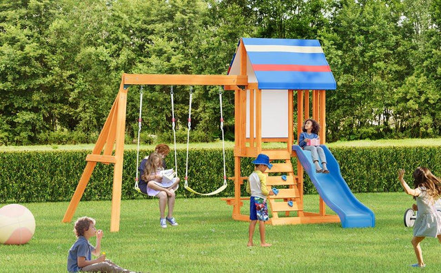 Blue Cedarwood Outdoor Swing Set With Slide And Climber - Omega Lifestyles