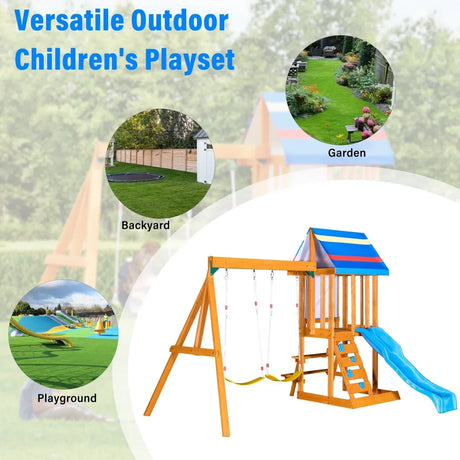 Blue Cedarwood Outdoor Swing Set With Slide And Climber - Omega Lifestyles