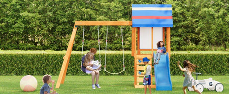 Blue Cedarwood Outdoor Swing Set With Slide And Climber - Omega Lifestyles