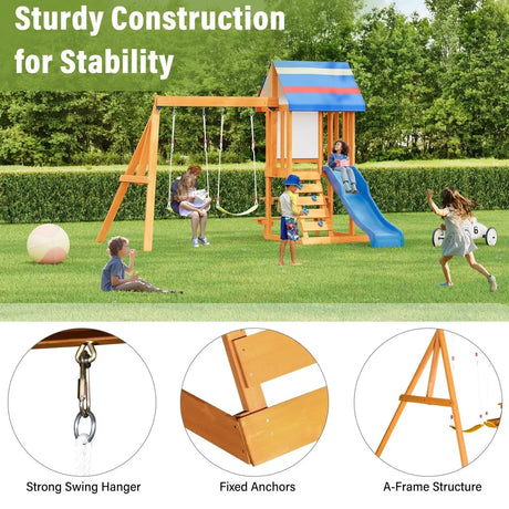 Blue Cedarwood Outdoor Swing Set With Slide And Climber - Omega Lifestyles