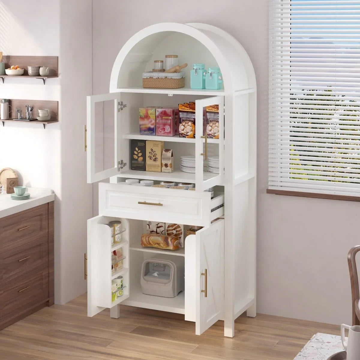 Farmhouse Arched Glass Door Kitchen Pantry Cabinet - Omega Lifestyles