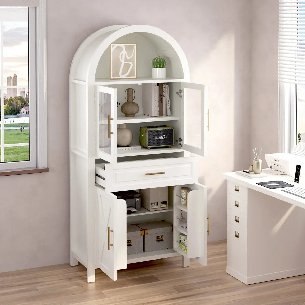 Farmhouse Arched Glass Door Kitchen Pantry Cabinet - Omega Lifestyles