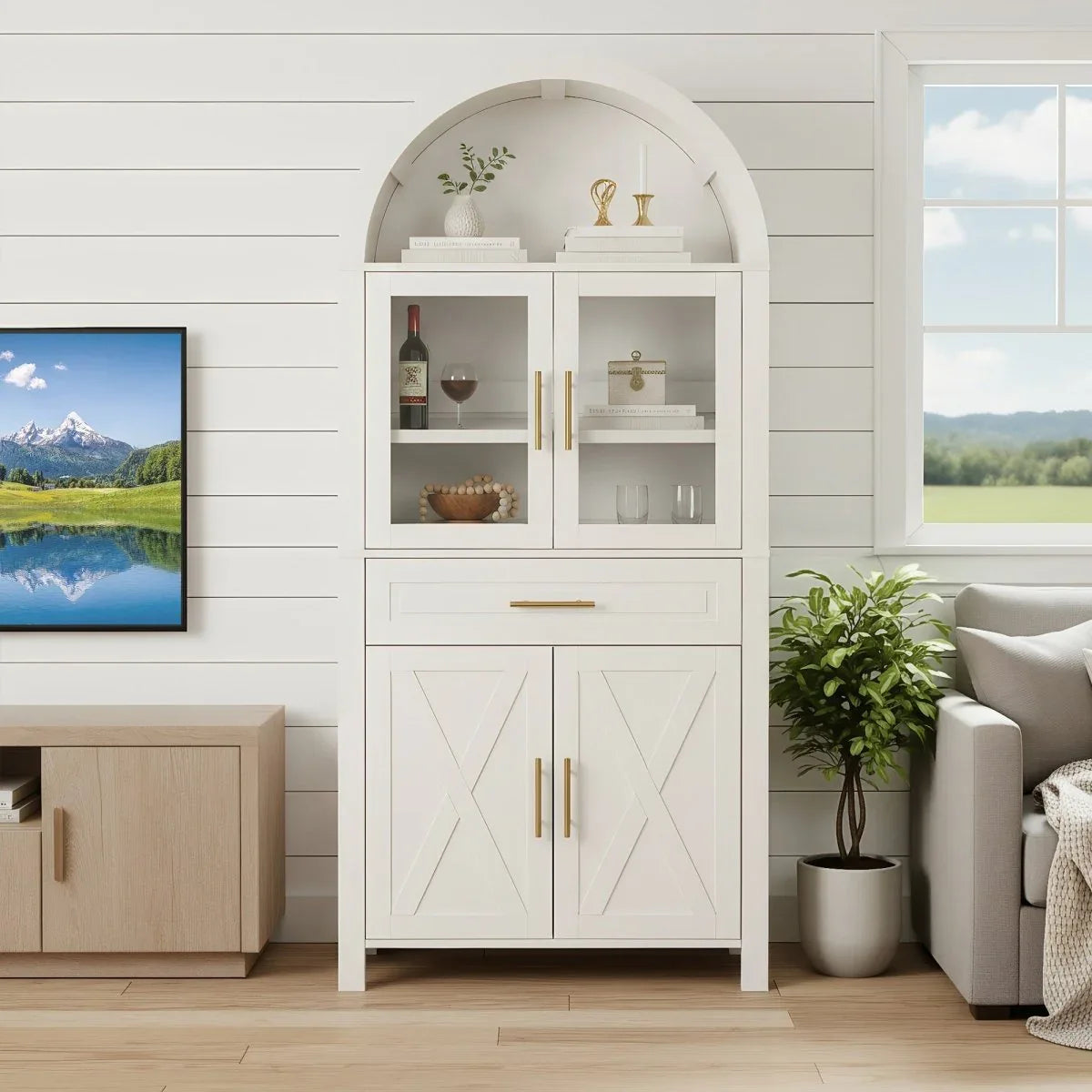 Farmhouse Arched Glass Door Kitchen Pantry Cabinet - Omega Lifestyles