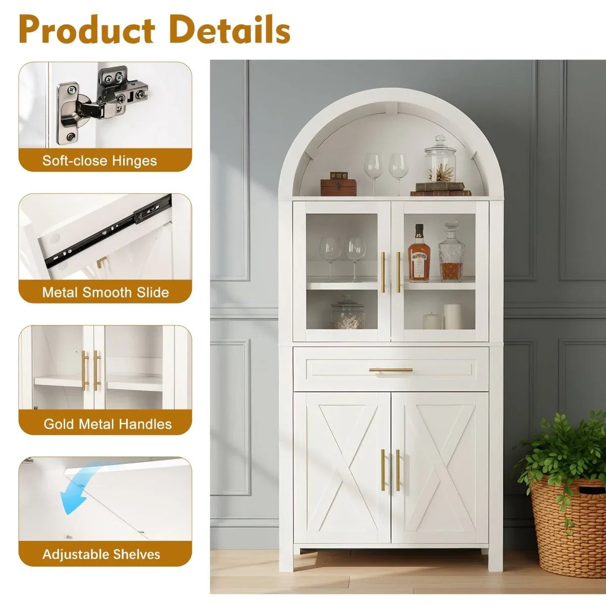 Farmhouse Arched Glass Door Kitchen Pantry Cabinet - Omega Lifestyles