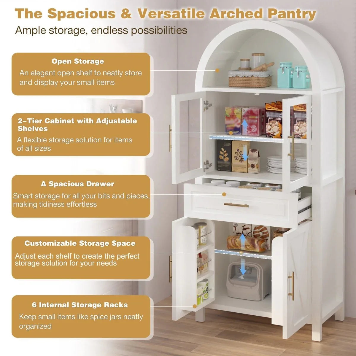 Farmhouse Arched Glass Door Kitchen Pantry Cabinet - Omega Lifestyles