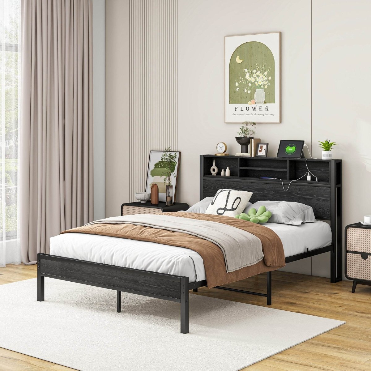 Full Metal Platform Bed Frame With Storage Headboard Full - Blissora - Omega Lifestyles