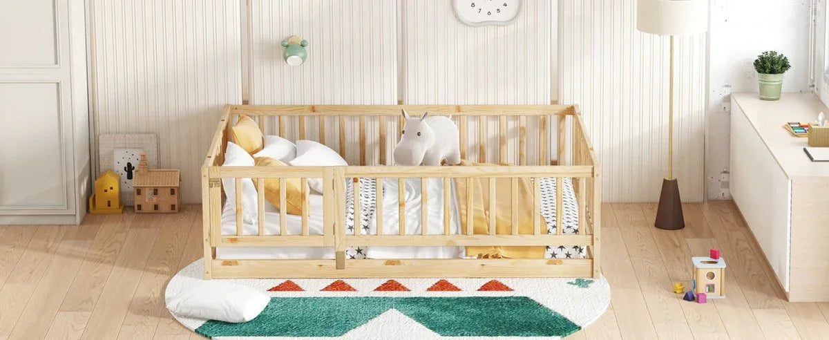 Full Pine Montessori Floor Bed With Fence Full - Omega Lifestyles