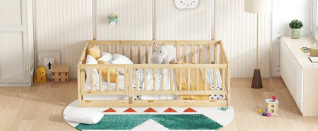 Full Pine Montessori Floor Bed With Fence Full - Omega Lifestyles
