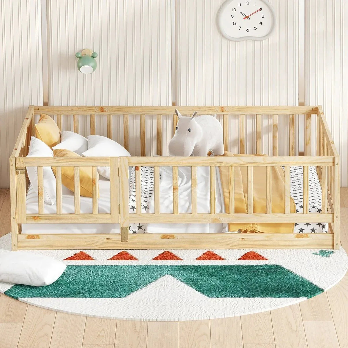 Full Pine Montessori Floor Bed With Fence Full - Omega Lifestyles
