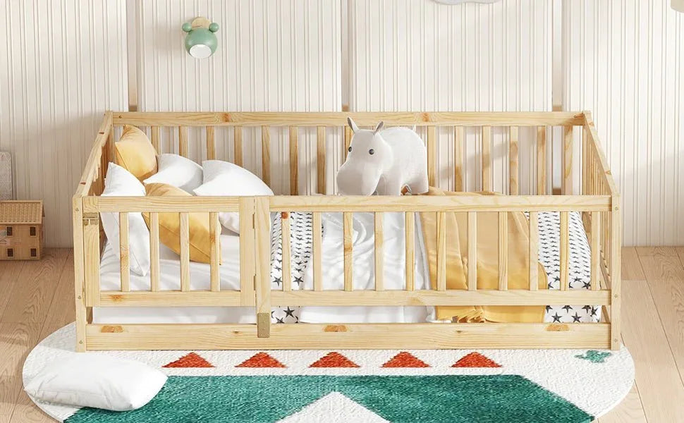 Full Pine Montessori Floor Bed With Fence Full - Omega Lifestyles