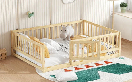 Full Pine Montessori Floor Bed With Fence Full - Omega Lifestyles